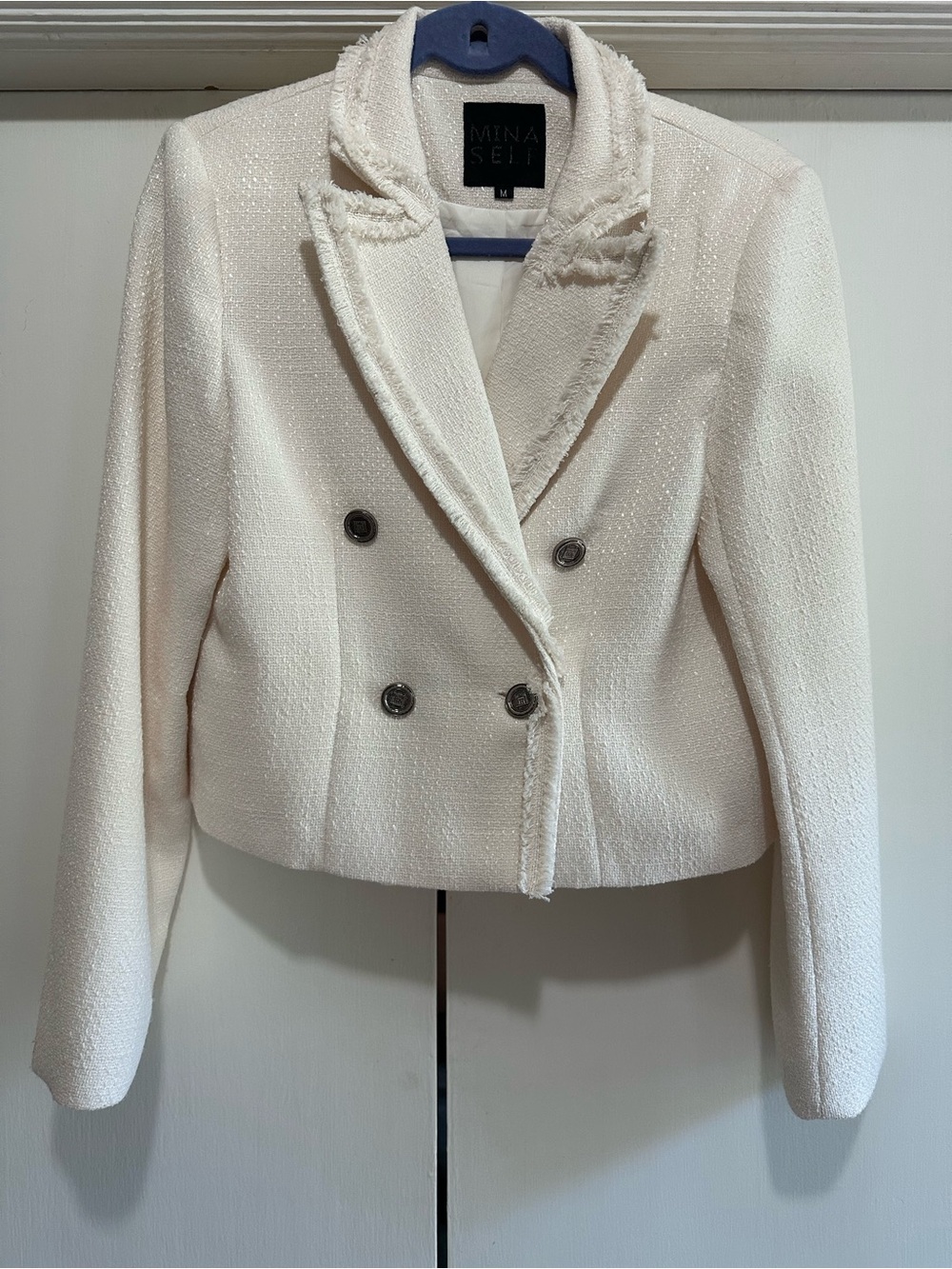 Tweed Ivory Cropped Double-Breasted Blazer with Frayed Trim, silver buttons